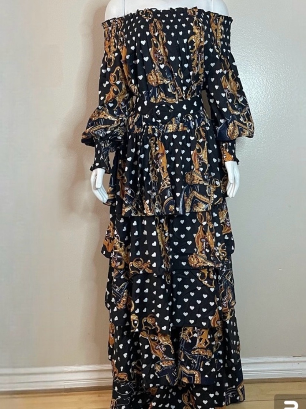 L'ATISTE Black Maxi Dress with Gold Baroque & White Hearts